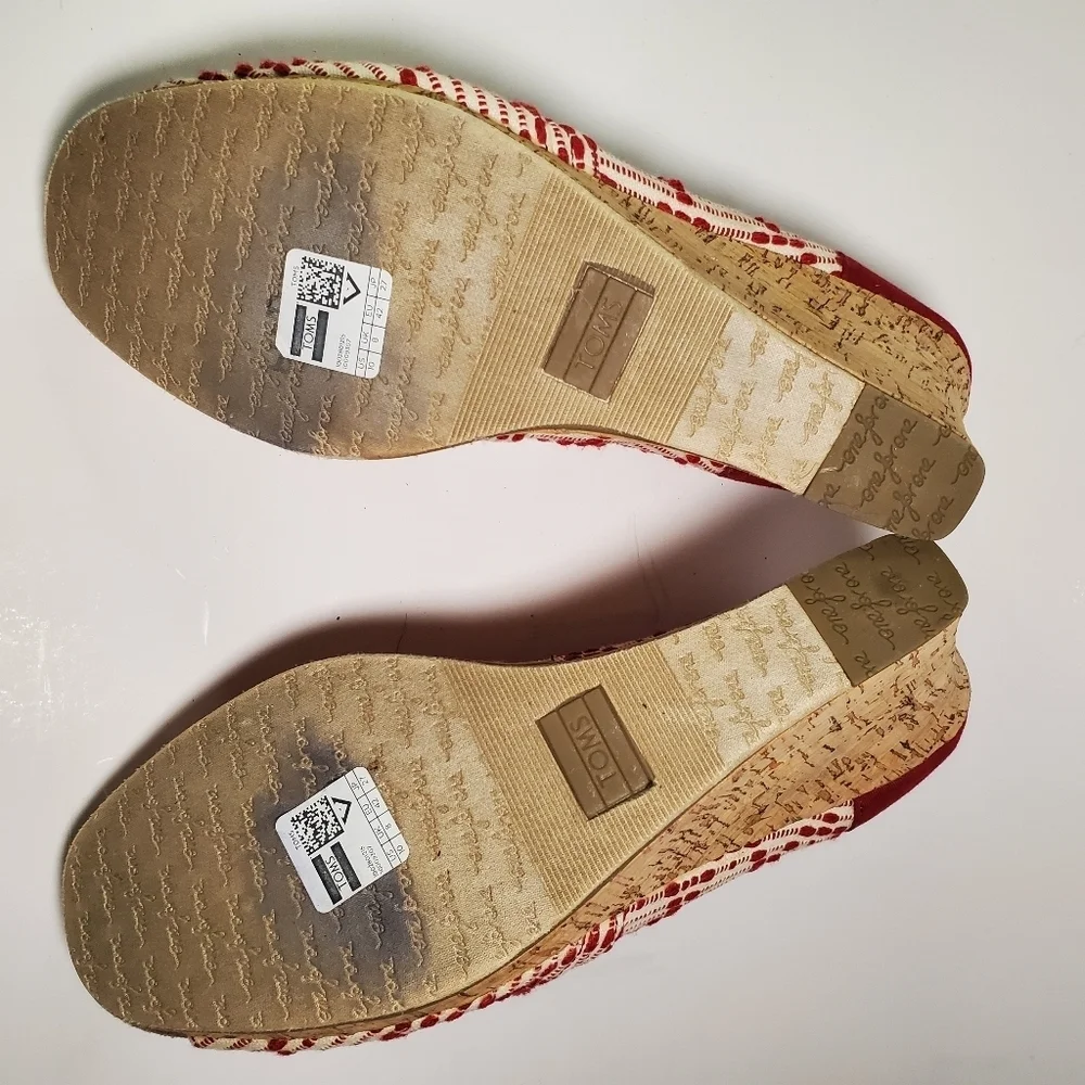 TOMS Scarlett Red Cream Cheron Woven Peep Toe Cork Wedge Size 10 EUC